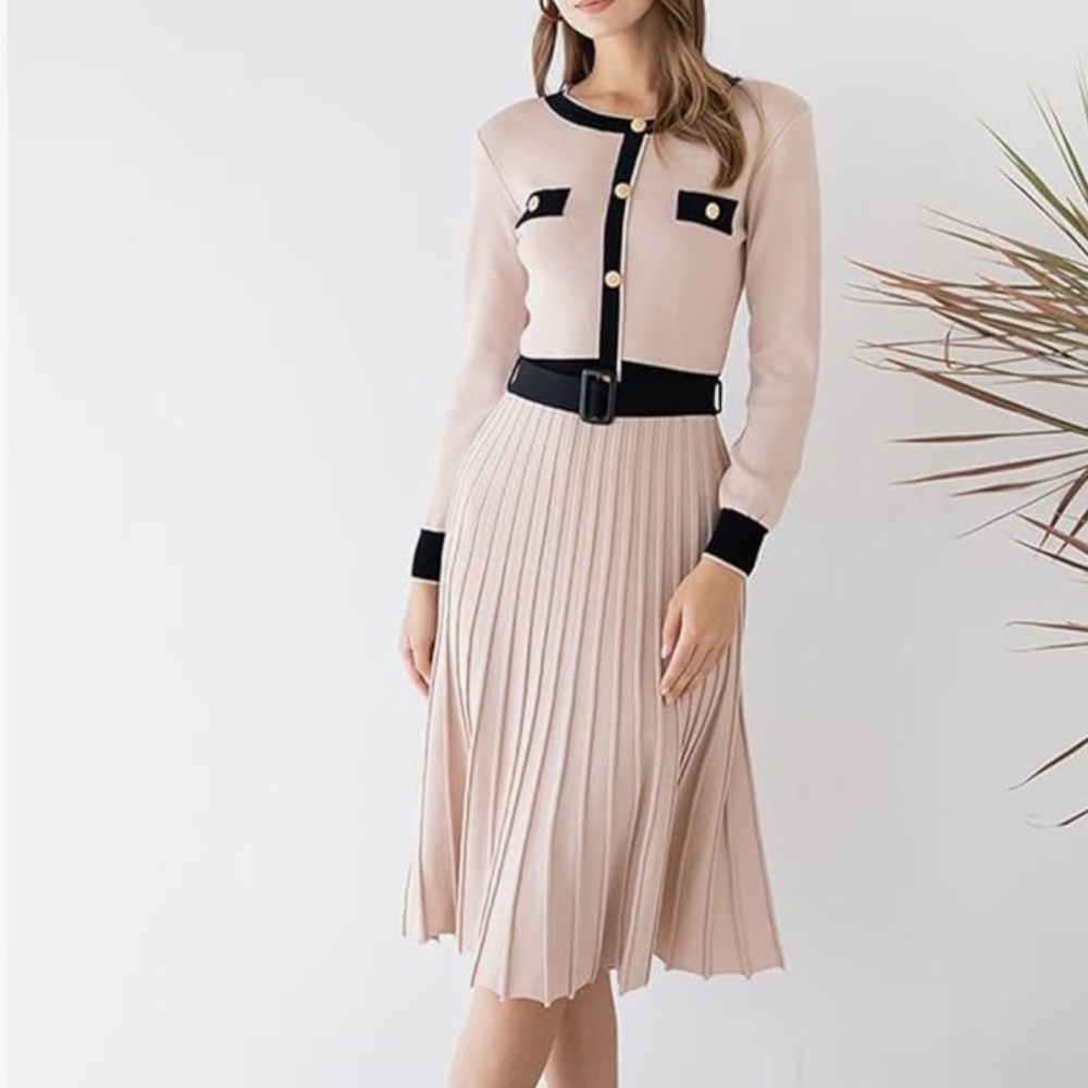 CHICWISH BELTED CONTRAST COLOR PLEATED KNIT DRESS